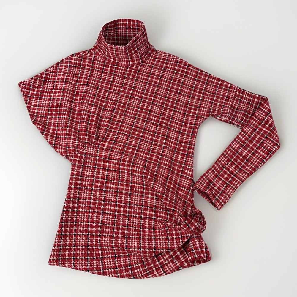 Calvin Klein 205W39NYC Turtleneck Top Womens 6 Red Plaid Houndstooth Italy